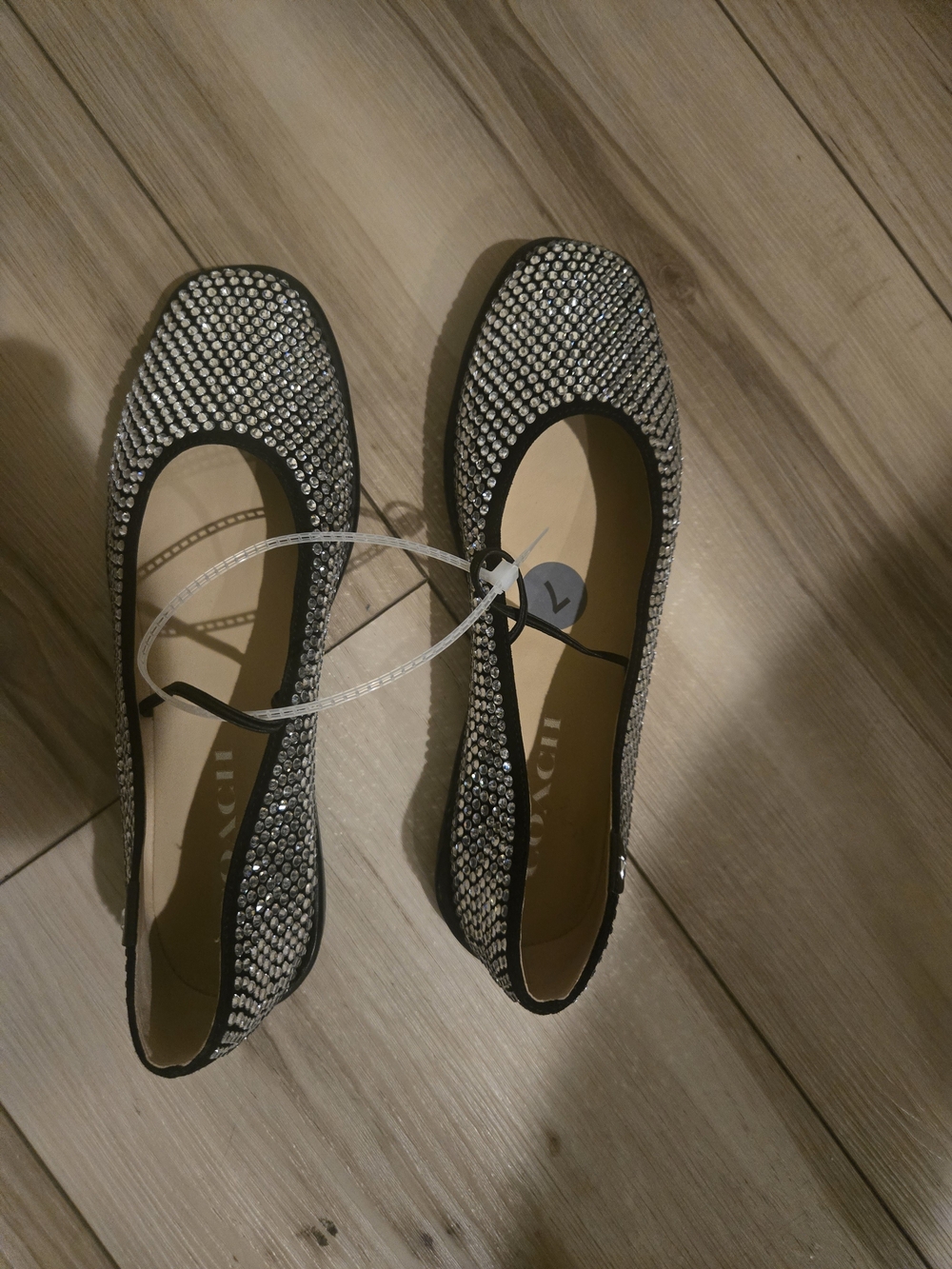 Coach Embellished Black Ballet Flats with Crystal Accents